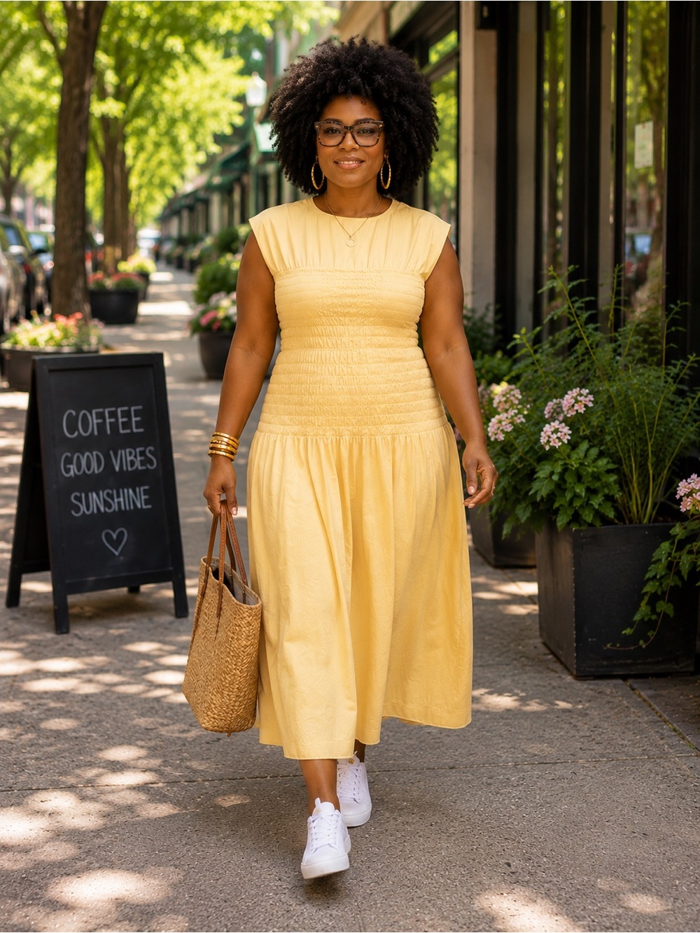 Mare Mare Anthropologie Butter Yellow Smocked Drop Waist Midi Dress Plus Size 1X